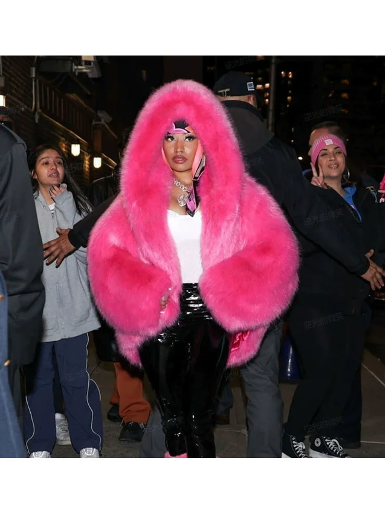 Wintermode namaakbont bovenkleding Trendy pluche pluizig los zacht prachtig feest energiek kleurrijk hiphop schattig bovenkleding met capuchon