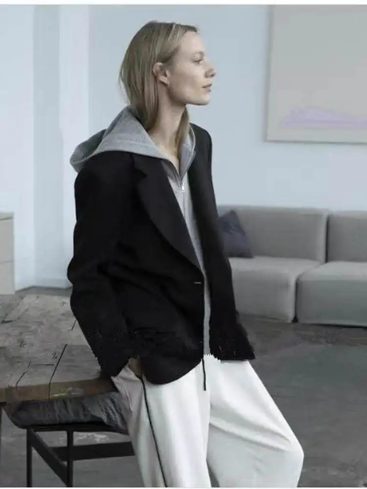 

Casual Loose Women's Suit Jaet Faionable Commute Casual Patchwork Flip Collar Fake Two-Piece Hooded DP90 European ...