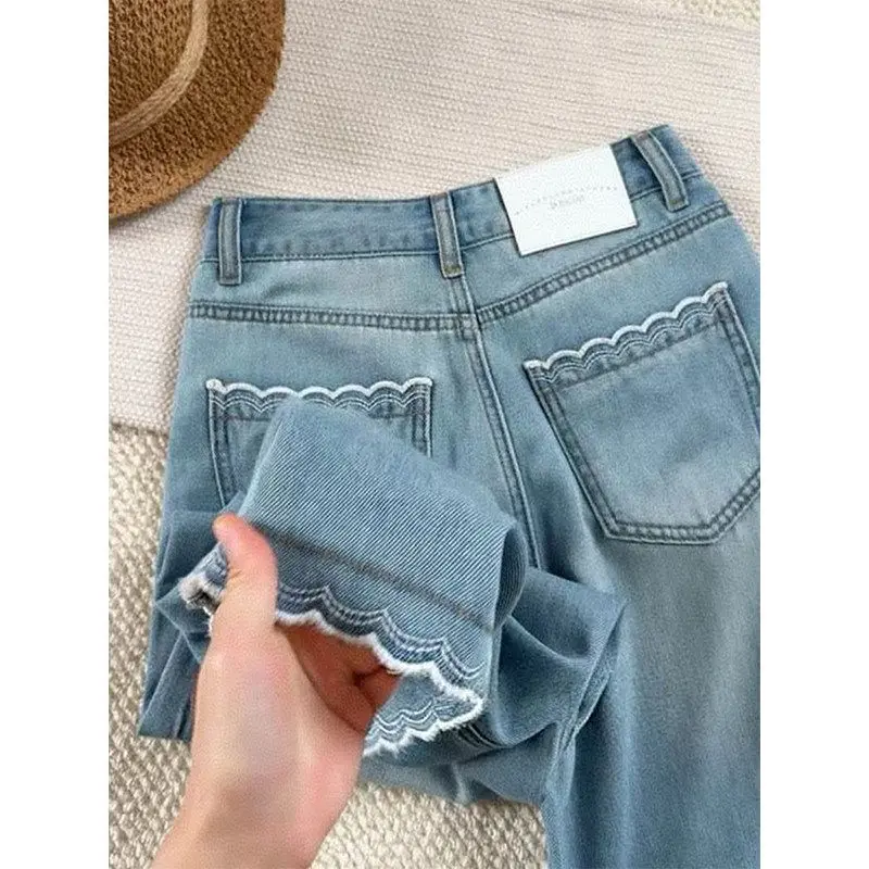 High Waist Straight Leg Ice Silk Denim Pants Women's Summer Thin Wide Leg Nine Points Slimming Pants Loose Fit No Stretch