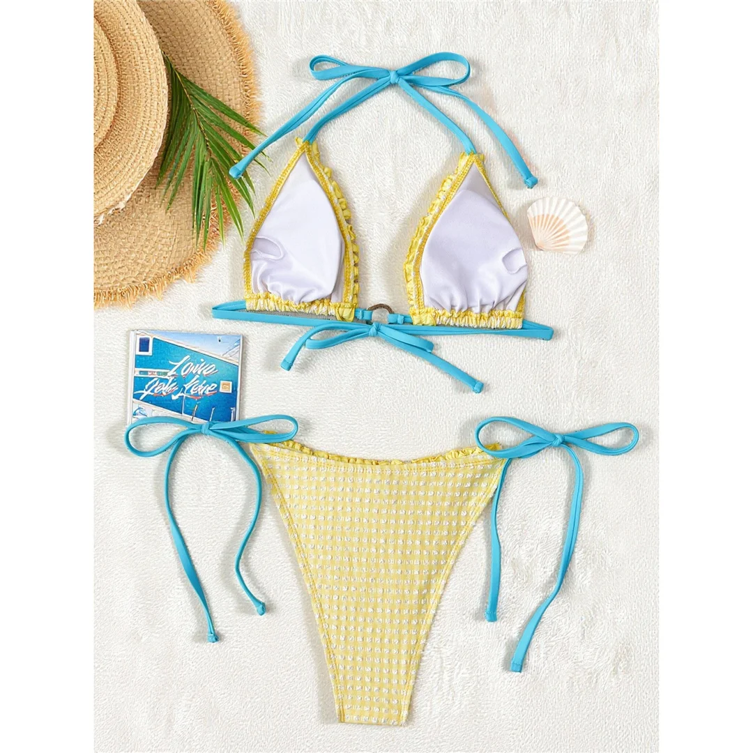 S - XL, kariertes, gerüschtes, zweiteiliges Bikini-Set mit Rüschen und Neckholder, Damen-Badebekleidung, zweiteiliger Bikini, Badeanzug, Badebekleidung, Modell V8528. – Detail 6
