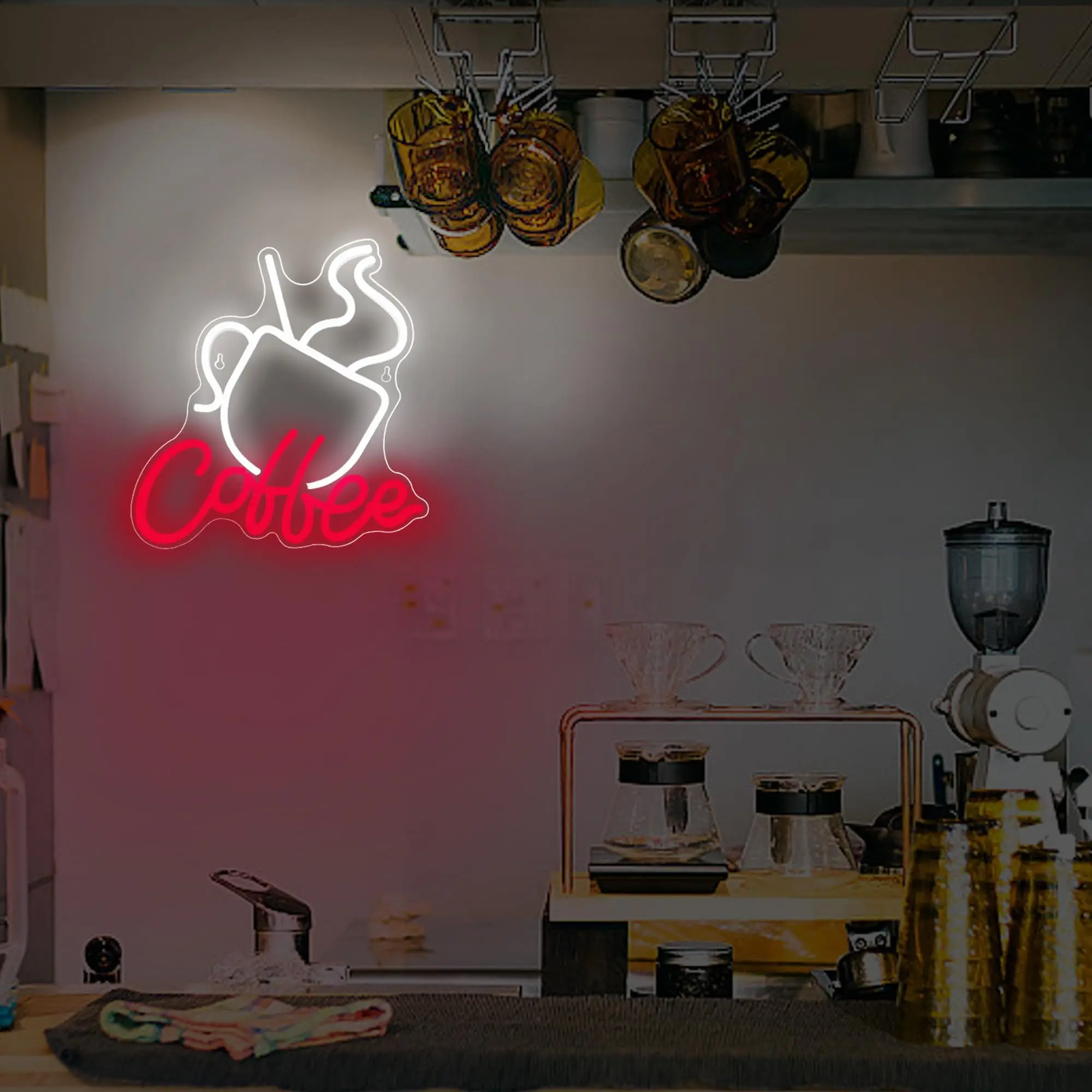 Coffee LED neon sign - coffee style, USB powered with dimmable switch, suitable for cafes, kitchens and party decorations