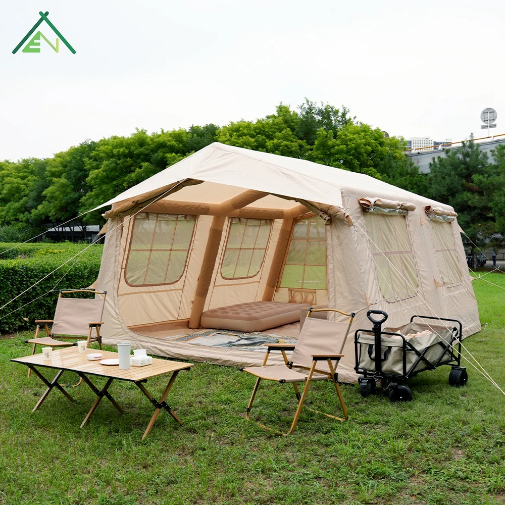 13.68sqm Large Beige Inflatable Tent House 420D Oxford Waterproof Four Season Air Column Family Camping Cabin 3-4