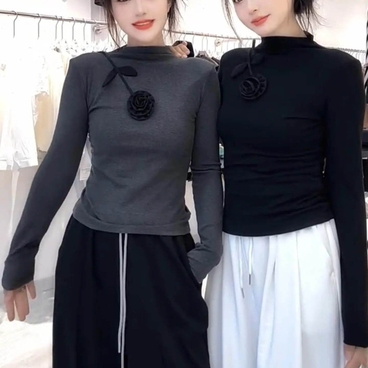 

Slim Fit Long Sleeve T-Shirt Half High Collar 3D Flower Print Versatile Base Shirt Elegant Autumn Winter Fashion Top