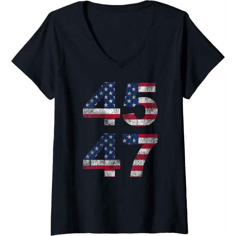 

Womens Trump 45 47 2024 President Vintage Distressed V-Neck T-Shirt Men's and Women's Loose