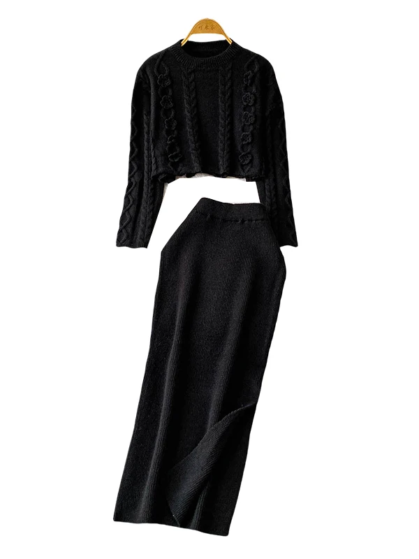 Set maglione coreano chic lavorato a maglia ort rotondo Ne con gonna a fessura Ele, comodo vestibilità ampia, autunno Faion