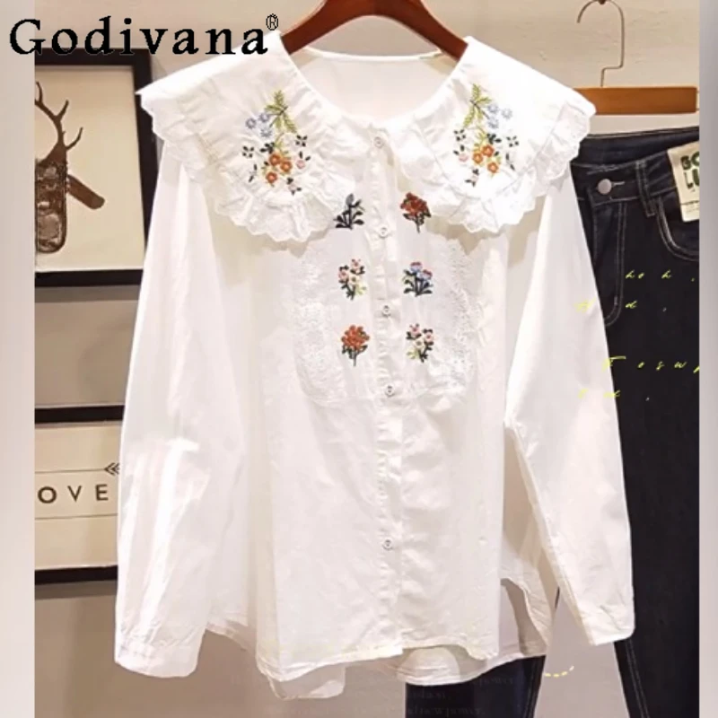 

Large Size Lolita Heavy Industry Embroidery Sweet Peter Pan Collar Long Sleeve Shirt Girl Spring Autumn Age Reduction Loose Top