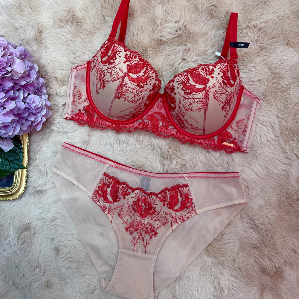 Women Scarlet Bloom Floral Embroidery Lingerie Set Underwire Half‑Cup Bra & Panty 2‑Pcs Sheer Mesh Romantic Intimate Underwear