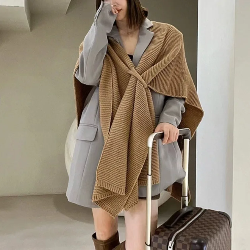 Knitted Shawl Women's 2024 Autumn And Winter New Lazy Style Medium Long Loose Slimming Cloak Jacket