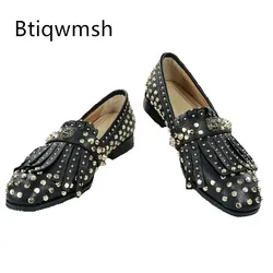 Handmade Rivet Tassel Dress Shoes Man Pointed Toe Black Real Cow Leather Slip On Flats Male Luxury Party Shoes