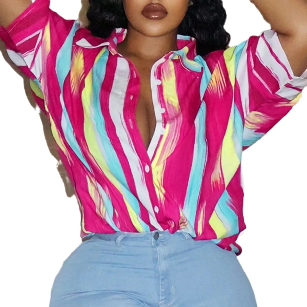 Camicia taglie forti Camicia a righe con colletto couverture Camicie larghe da donna a maniche corte Camicette abbottonate casual moda femminile Top