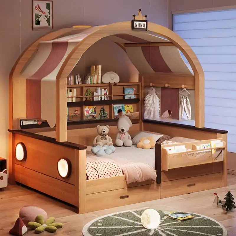 سرير أطفال بمظلة فاخرة ديكور خشبي آمن مخصص سرير أطفال فردي الأميرة تصميم حديث Camas Infantiles أثاث منزلي #1