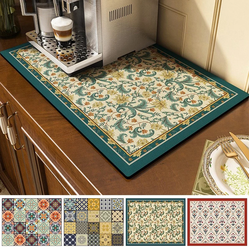 Retro Patterned Kitchen Countertop Mat Restaurant Drain Absorbent Pad Anti Mold Quick Drying Pad Non Slip Placemat Home Decor