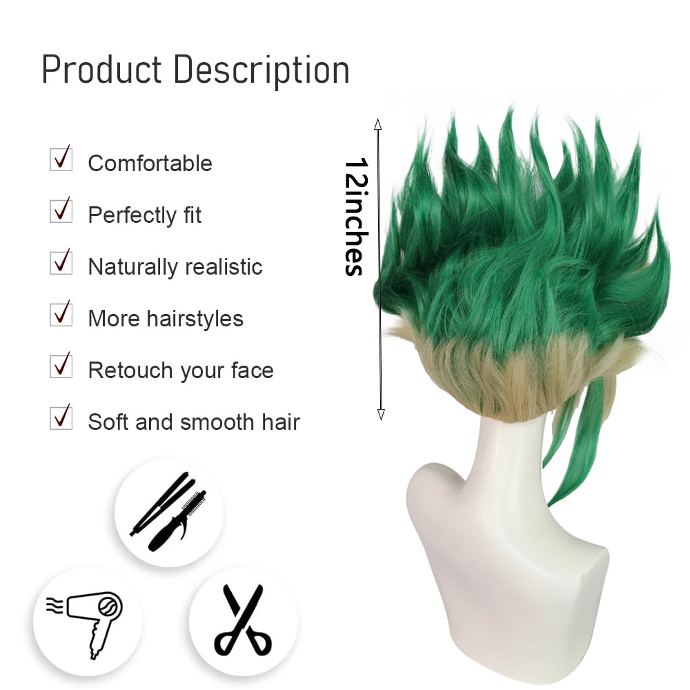 Anime Ishigami Senku‌‌ Cosplay Synthetic Hair Dr.Stone Green Gradient Suitable For Daily Party Role-Playing Heat-Resistant Wig