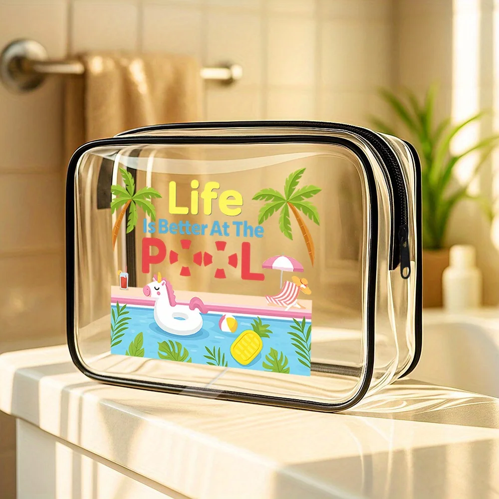 Women S Clear Toiletry Bag Cute Pool Themed Travel Organizer with Flip Flops Palm Trees Beach Ball Design Makeup Bags