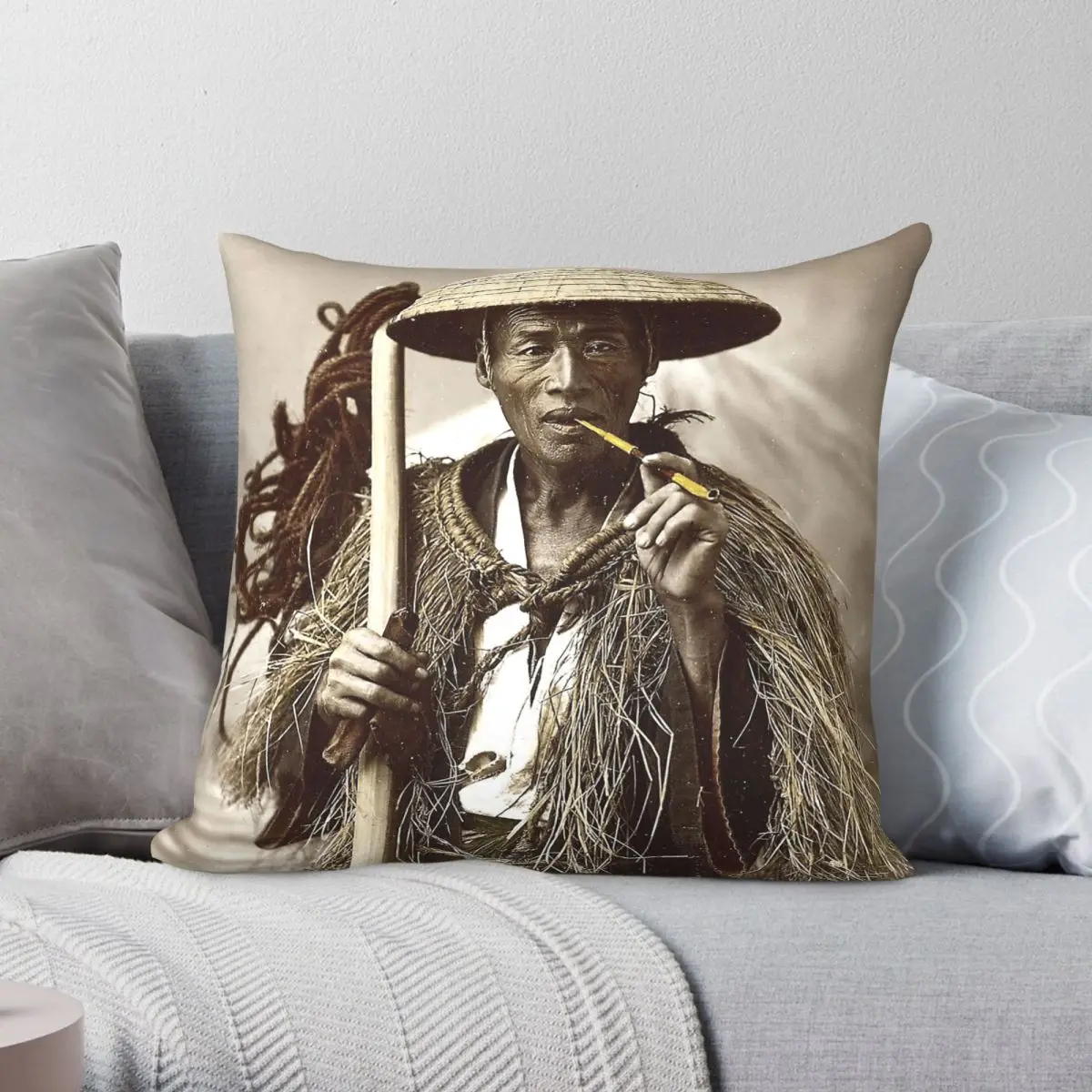Kusakabe Kimbei Coolie With Raincoat Pillowcase Polyester Linen Velvet Pattern Zip Decor Throw Pillow Case Room Cushion Cover