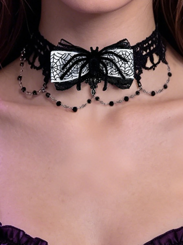 sexy lace spider web bow crystal Pendant Dark hollowed-out necklace cosplay halloween costumes Accessories adult collar 18+