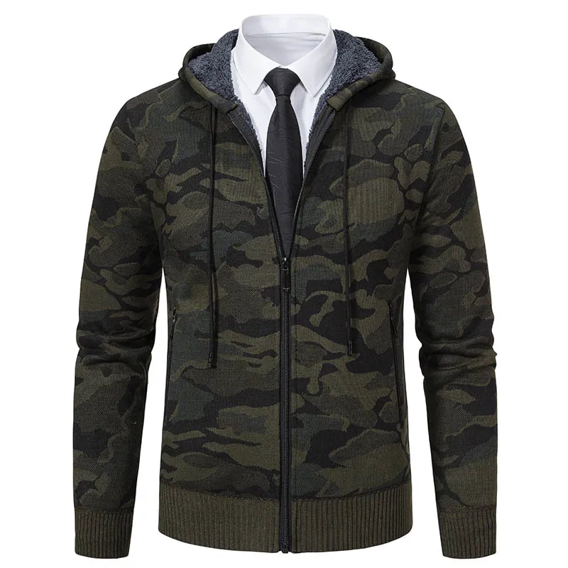 Cárdigan con capucha para hombre, suéter de punto, abrigo, forro polar, chaquetas de punto de camuflaje informales para otoño e invierno