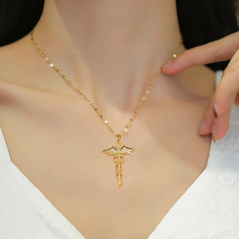 Stailess Steel CZ Angle Wings Necklace Snake Ouroboros Magic Wand Caduceus Asclepius Necklaces Emergency Medical Movies Jewelry