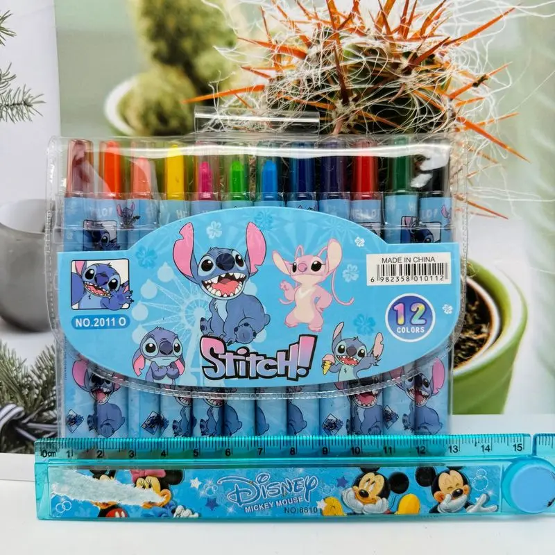 Disney Stitch 12colors Long Crayon Capybara Anime Kid'S Painting Pen Toys Art Supplies Water-Color Pen Stationery Birthday Gifts