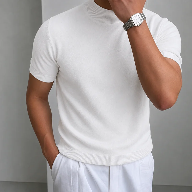 Herren Casual Einfaches Strick-T-Shirt Halbhoher Kragen Weicher Komfort Modisch Einfarbiges Strick-Kurzarm-T-Shirt Mock Neck Pullover – Detail 4