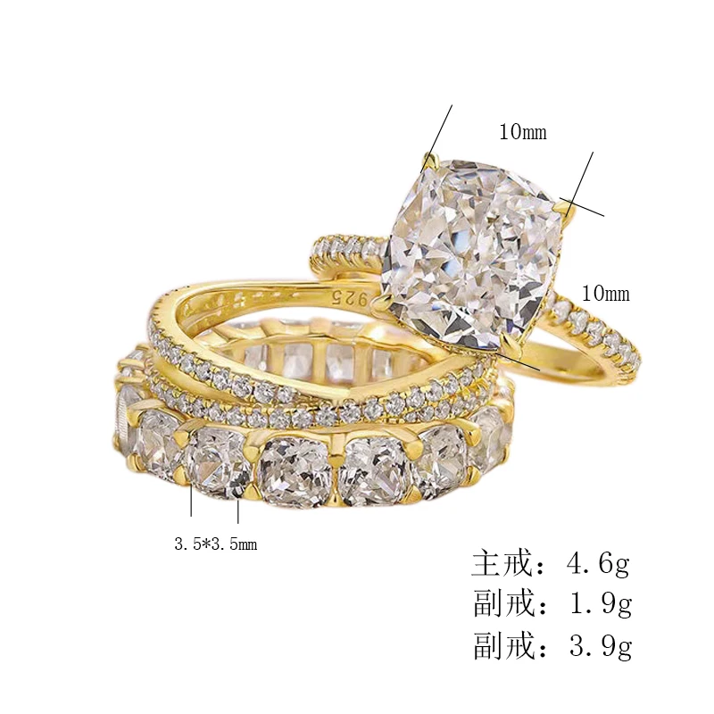925 Sterling Silver Multi Tone Plated Cushion Zircon 3Pcs Ring Set Half Pave Stackable Engagement Wedding Bridal Jewelry Gift