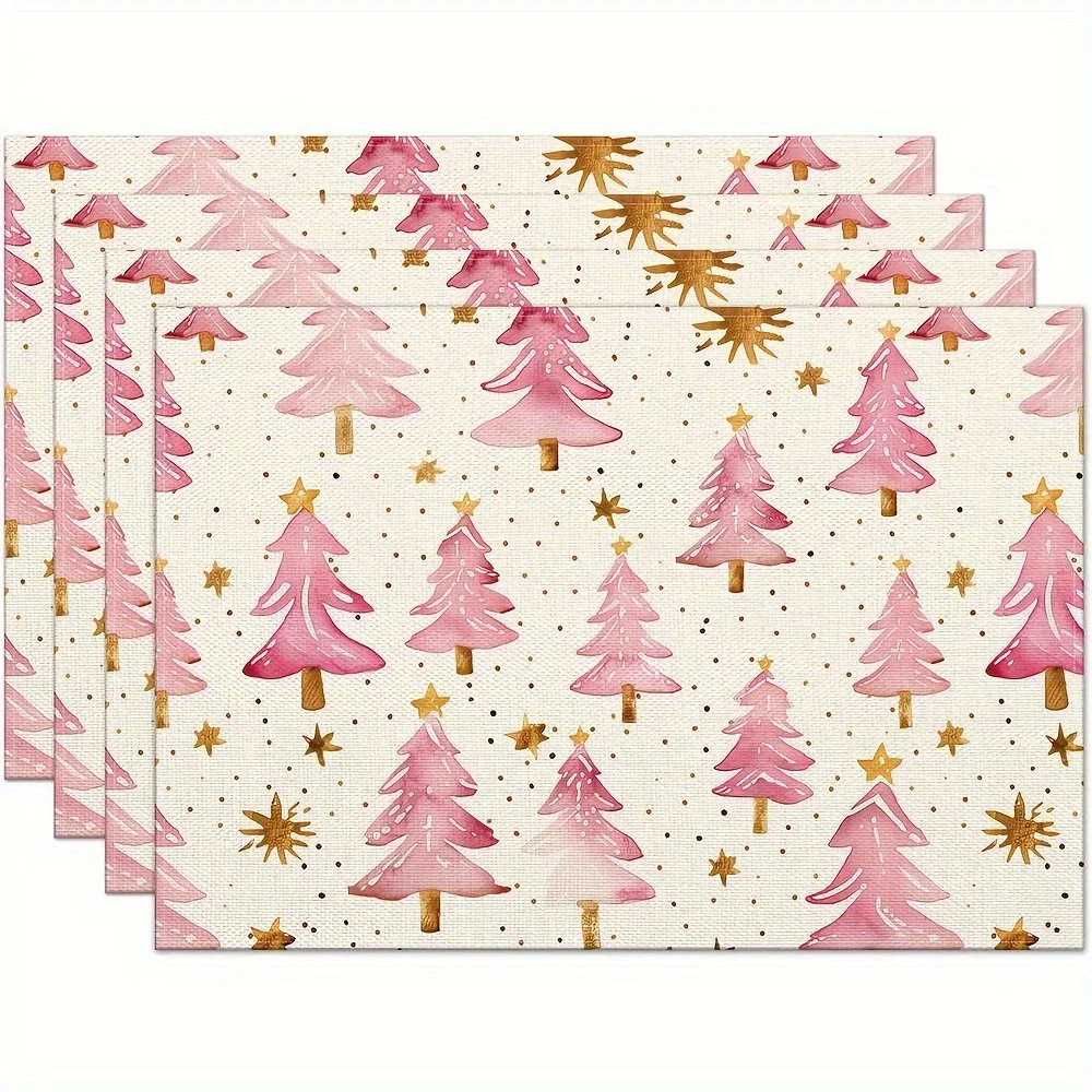 Soft Pastel Pink Tone Evergreen Tree Table Place‑mats 4Pcs Dotted Background Seasonal Home Banquet Layout