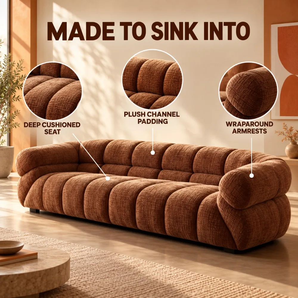 Italian Modern Minimalist Caramel Chenille Velvet Armchair Sofa Set, Sponge Filled Accent Furniture for Large Flat Living Room