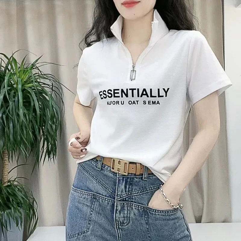 Polo Neck Shirt for Women Baggy Graphic Woman T Pulovers on Offer Clothing Trend 2024 Casual Tops Korean Fashion Aesthetic In