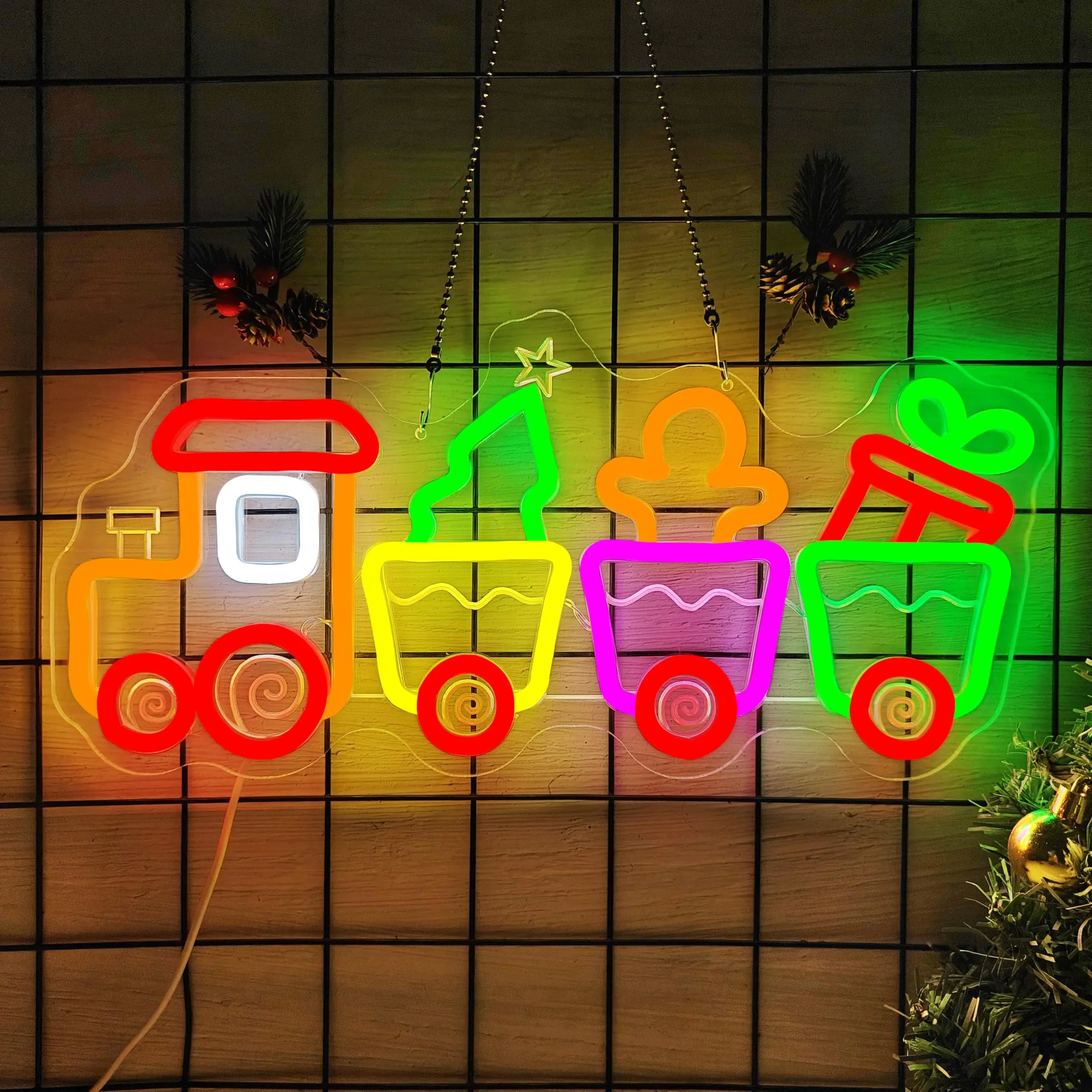 クリスマス列車ネオンサイン-壁装飾用-彫刻調光スイッチ付き-クリスマスライトアップサイン-ホリデーホームギフト-子供や家族へのギフト
