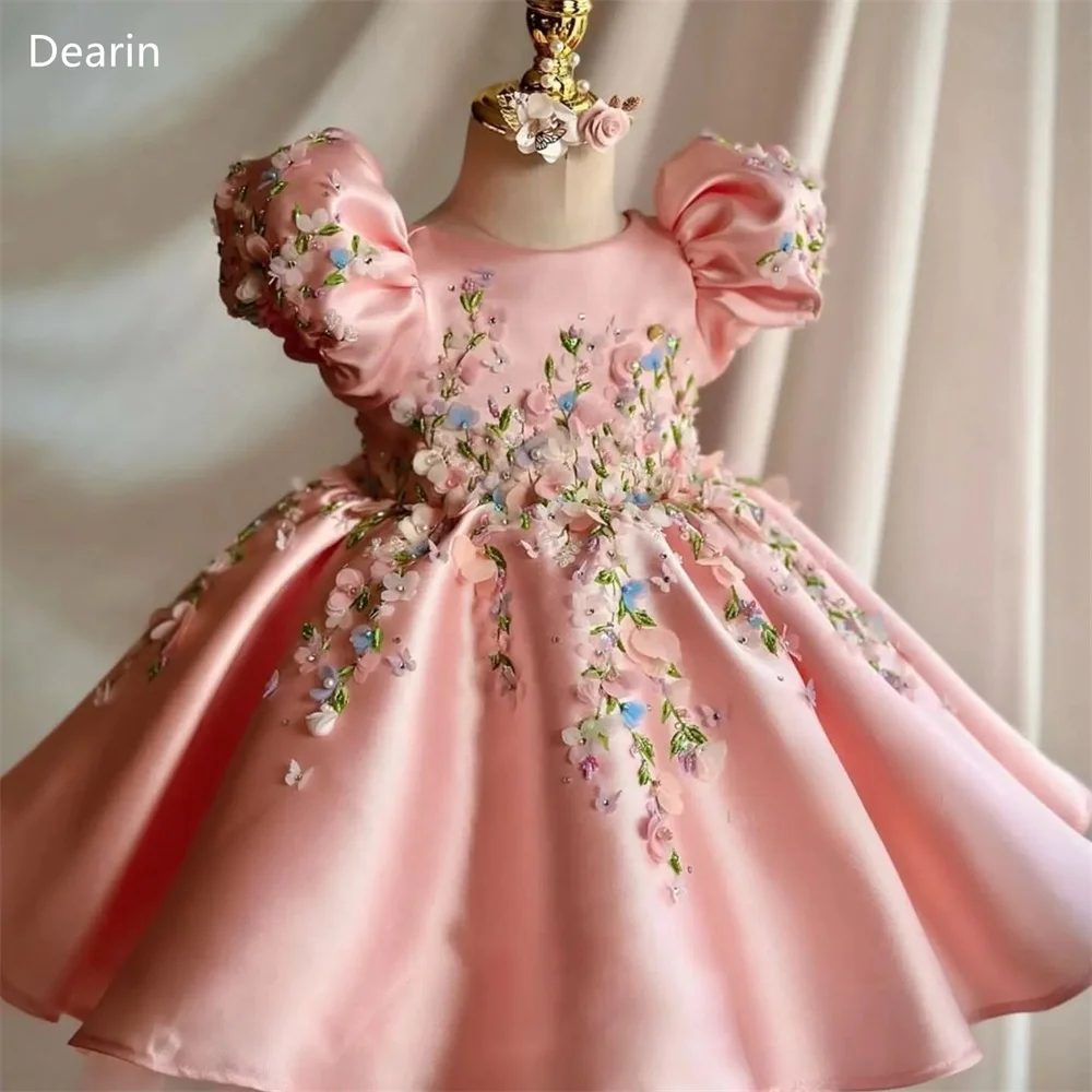 

Customized Dearin Scoop Neckline Ball Gown Knee Length Skirts Draped Applique Flower Girl Dresses