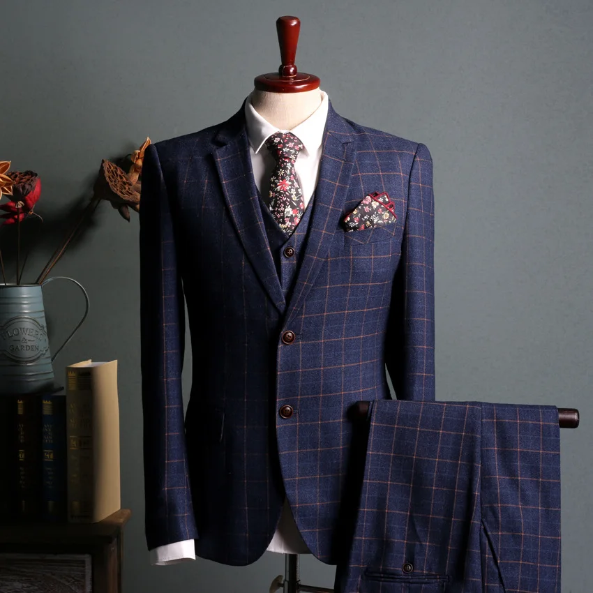 (59) Custom 2024 Men's Casual Suits Men's Slim Fit Plaid Business Casual Wedding Dress Three-piece Suit Men