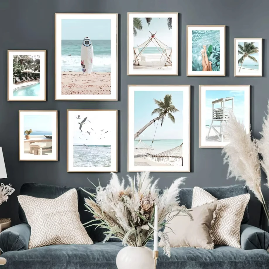 Beach Palm Tree Logo Bird Girl Surfing Tent Wall Art Canvas Painting Nordic Poster Prints Home Decoration Pictures Living Room