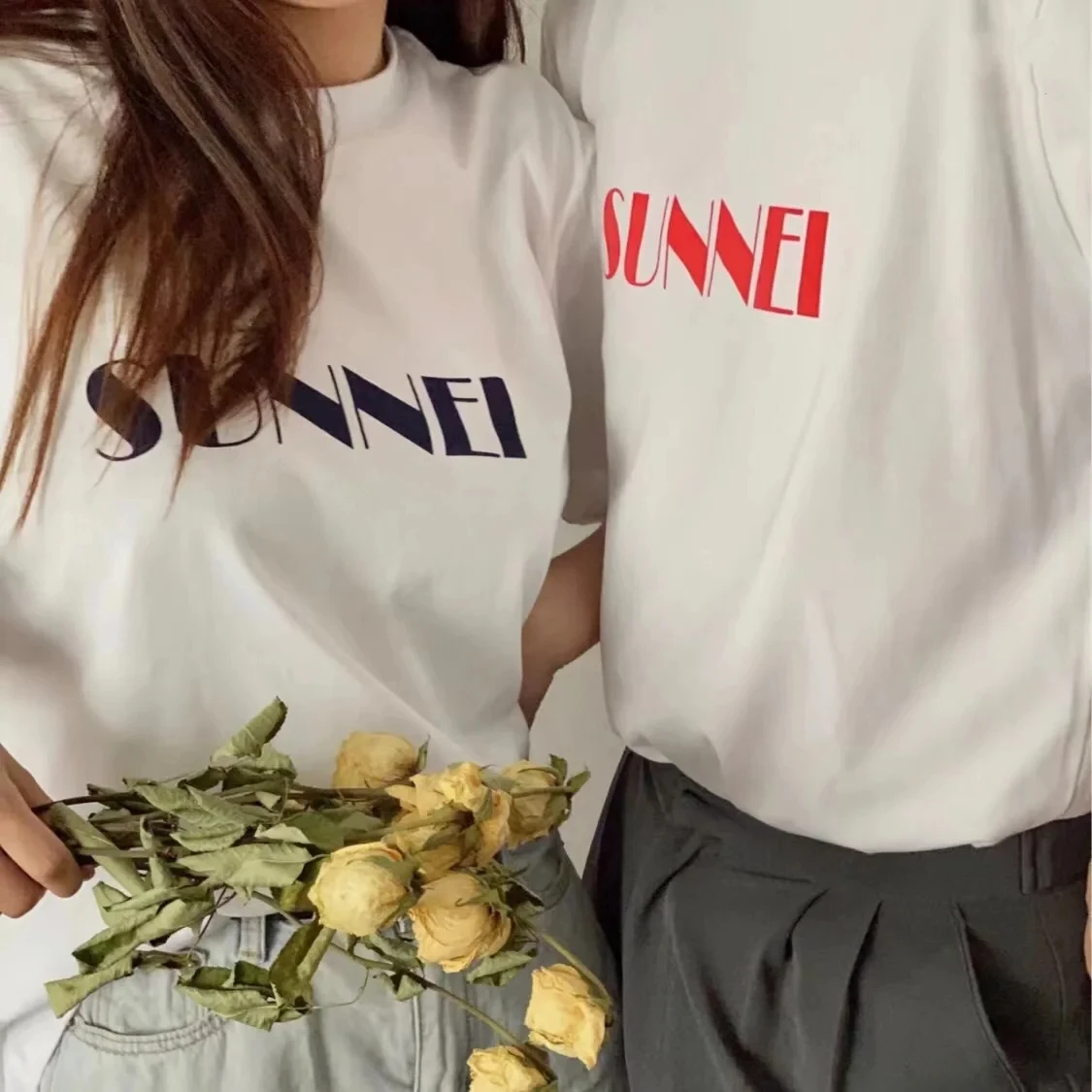 Korean Fashion Women's Pure Cotton Sunnei Letter Basic Model Short Sleeve T-shirt Men and Women Same Oversized Couple T-shirt