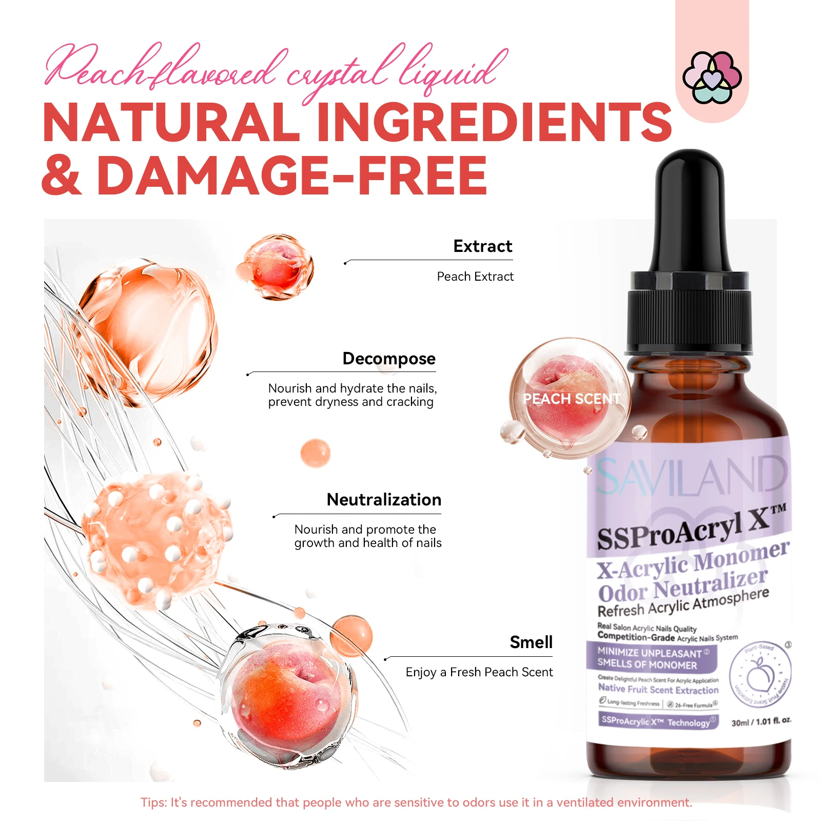 SAVILAND 30ml ピーチの香り モノマー臭消し液 アクリルネイルリキッド用 ドロッパー付き プロ用ネイルテクニシャン向け
