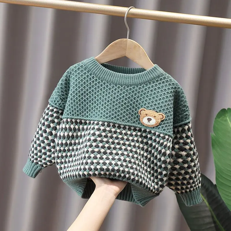 Boys Woolen Sweater Crochet Cotton Knitting 2023 Sweet Warm Thicken Winter Fall Windbreak Teenagers Children's Clothing