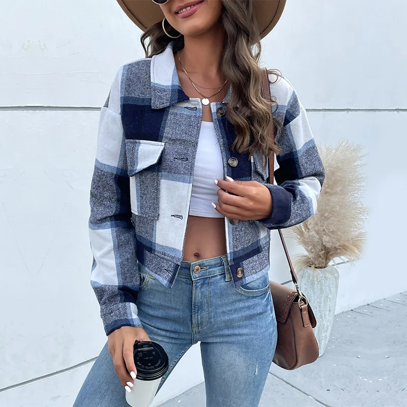 

Autumn and Winter Europe and The United States Fashion Spell Color Plaid Cardigan Retro Lapel Short Jacket with Pockets Women