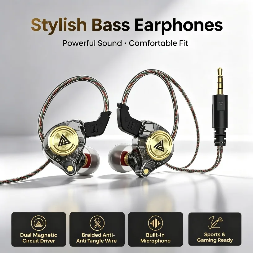 QKZ AK3 HiFi 3.5MM Wired Earphone with Microphone Bass  Noise Cancelling Headphones For Sport Gaming Music Stereo Sound Earbuds
