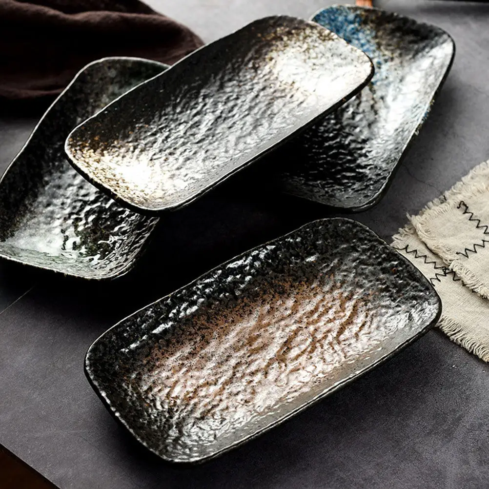 1Pcs Stone Texture Retro Style Rectangular Flat Plate for Sushi Sashimi Dessert Dim Sum Steak Pasta Serving Home Restaurant