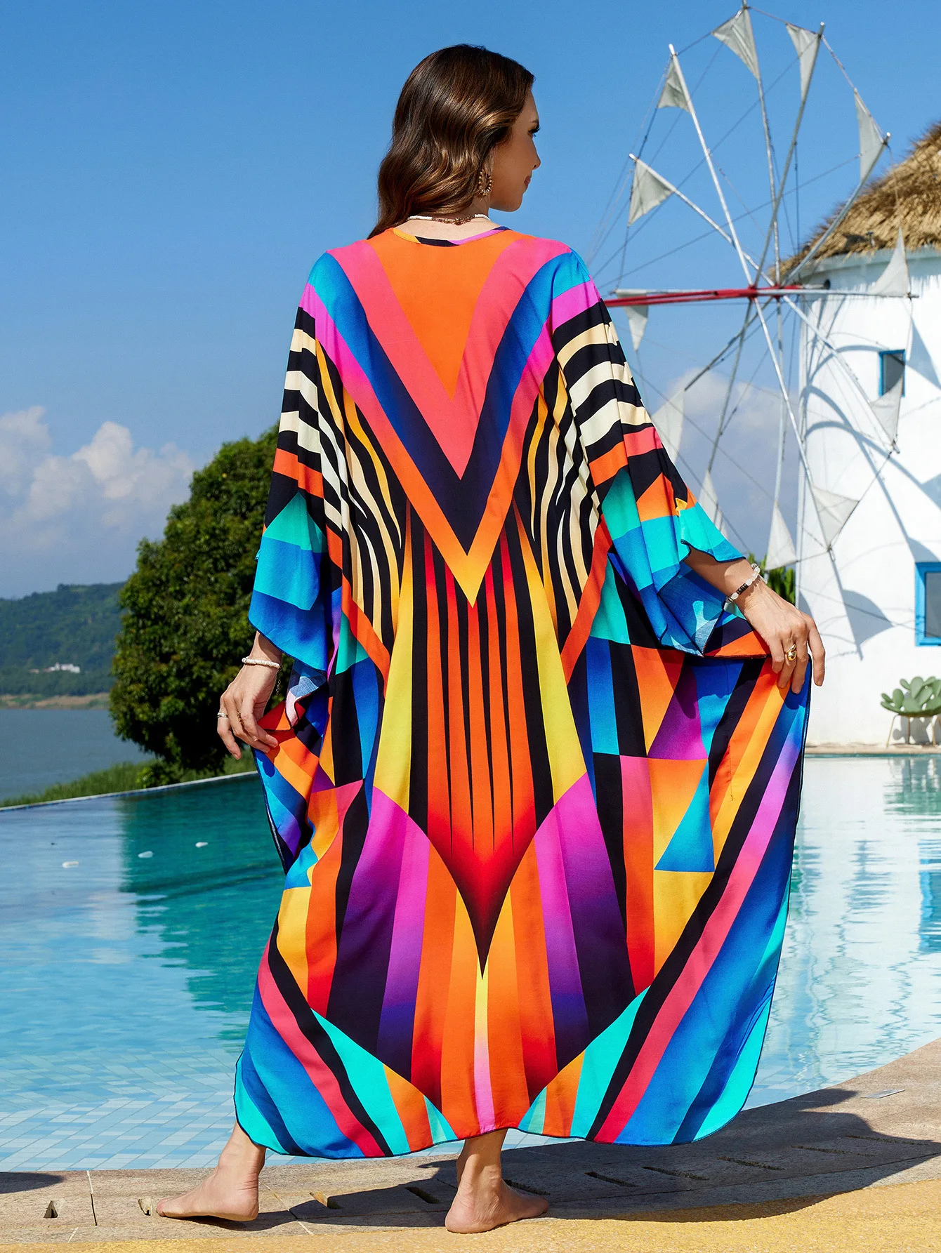 Kaftan Summer Dresses for Women Beach Cover Ups Geometric Zebra Printed Hand Knitting Beach Vacation Clothes Factory Supply