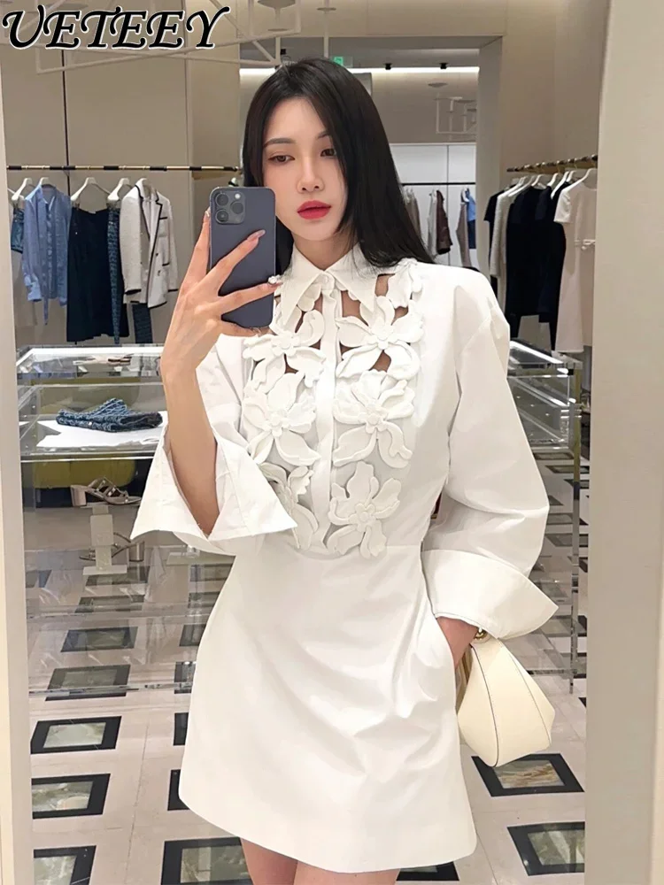 Designer White Shirt Dress Women 2024 Early Autumn New Design Sense High-end Light Luxury Flower Long-sleeved Shirt Dress Lady