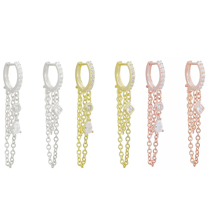 

925 Sterling Silver Double Chain-Tassel Elegant Zircon Dangle Earring For Women Single & Double Zircon Chain Asymmetric Earrings