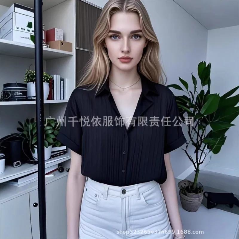 New Korean Fashion Cardigan Top Female Summer Loose Thin Trend Slim Versatile Short Sleeve Lapel Neck Solid Color Women's Shirt