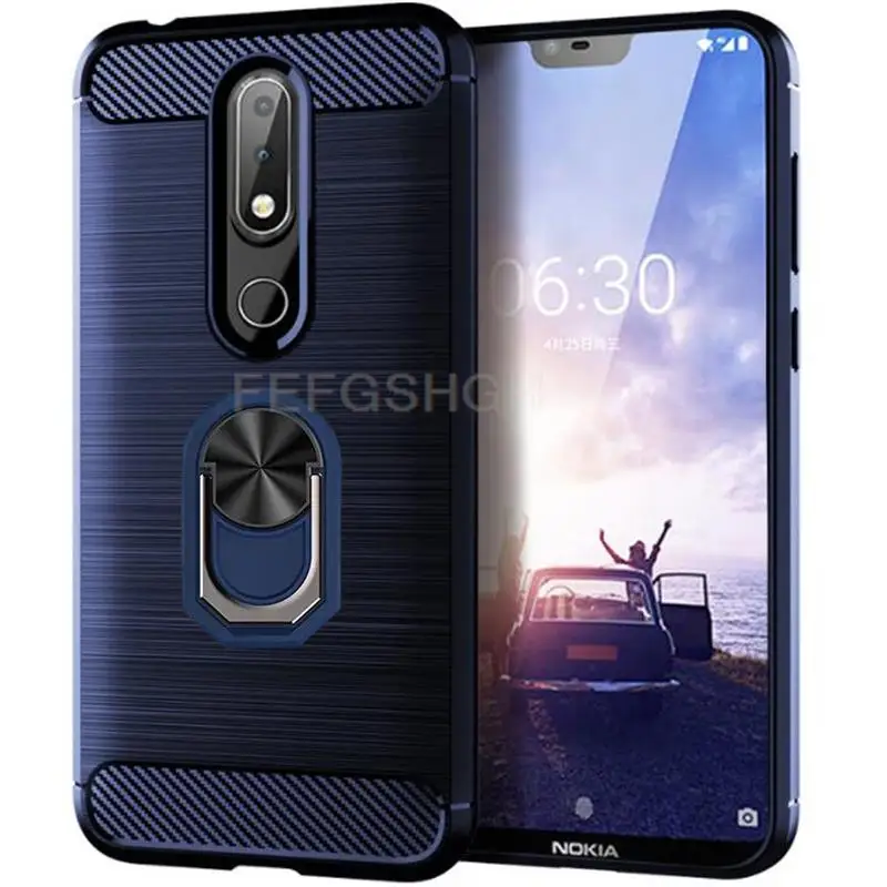 Capa For Nokia 2 V 2.2 Brushed Carbon Fiber Soft Silicone Case For Nokia 1 5.1 6.1 7 Plus 8 8.1 Magnetic Ring Stand Cover