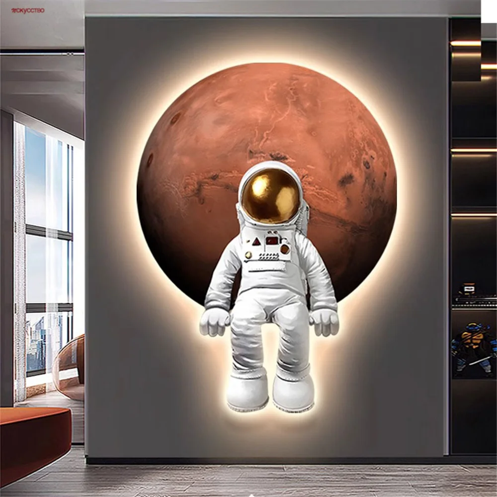 Astronaut Moon Planet Mural Wall Lamp With Plug Wire Kids Living Room Hallway Corridor Nursery Hanging Paintings Night Lights