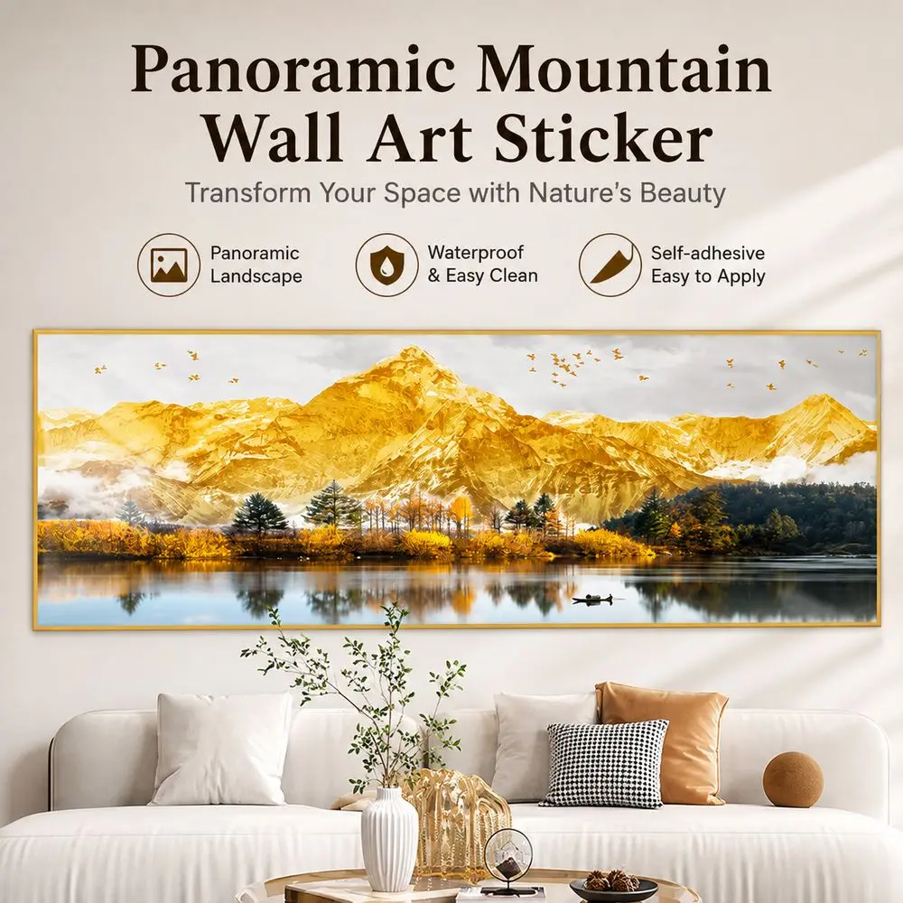 Mountain Landscape Bedroom Wall Stickers Long Horizontal Format Golden Sunrise Landscape Wall Art Modern Style