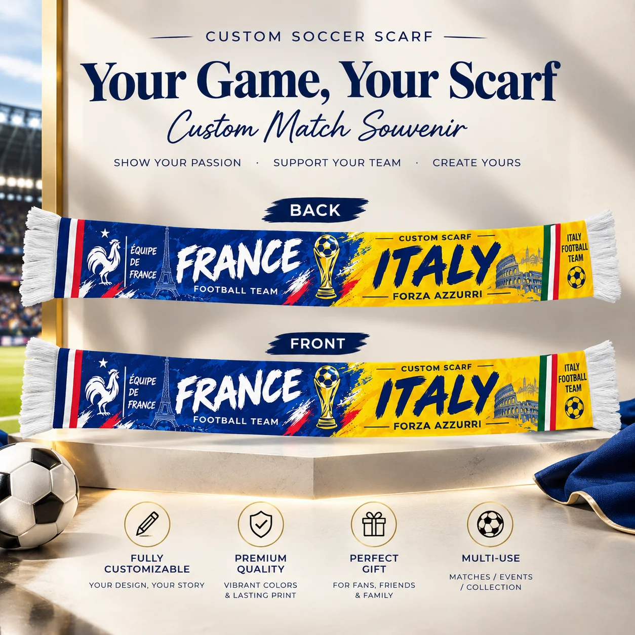 Custom Soccer Match Souvenir Scarf, Personalized Football Fan Scarf, Double Sided Team Colors, Stadium Event Keepsake Gift