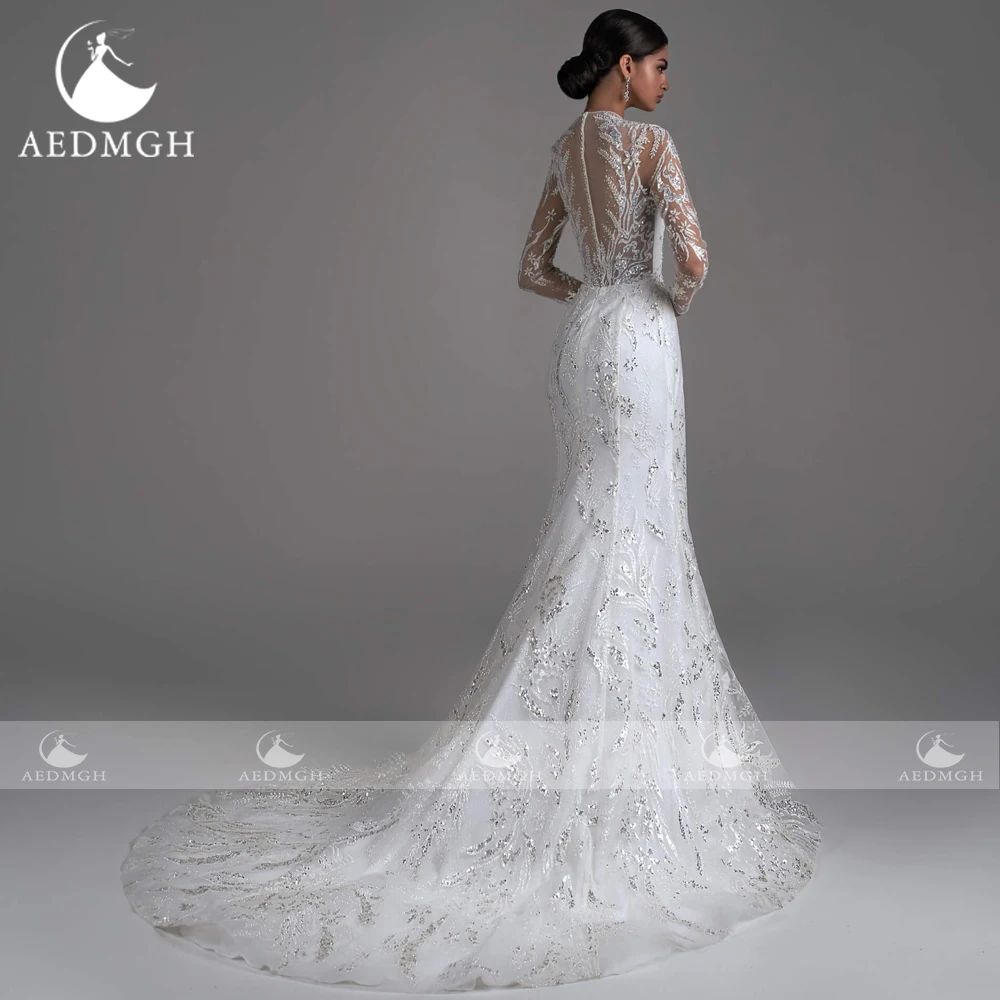 Aedmgh sirena abiti da sposa eleganti 2024 collo alto manica lunga Vestido De Novia ricamo staccabile treno Robe De Mariee