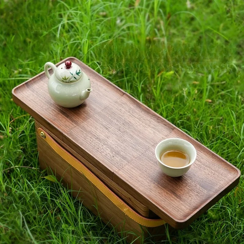 

Chinese Style Black Walnut Wood Storage Box Portable Tea Set Organizer Case for Outdoor&Home Tea Cup Display Carrier with Handle