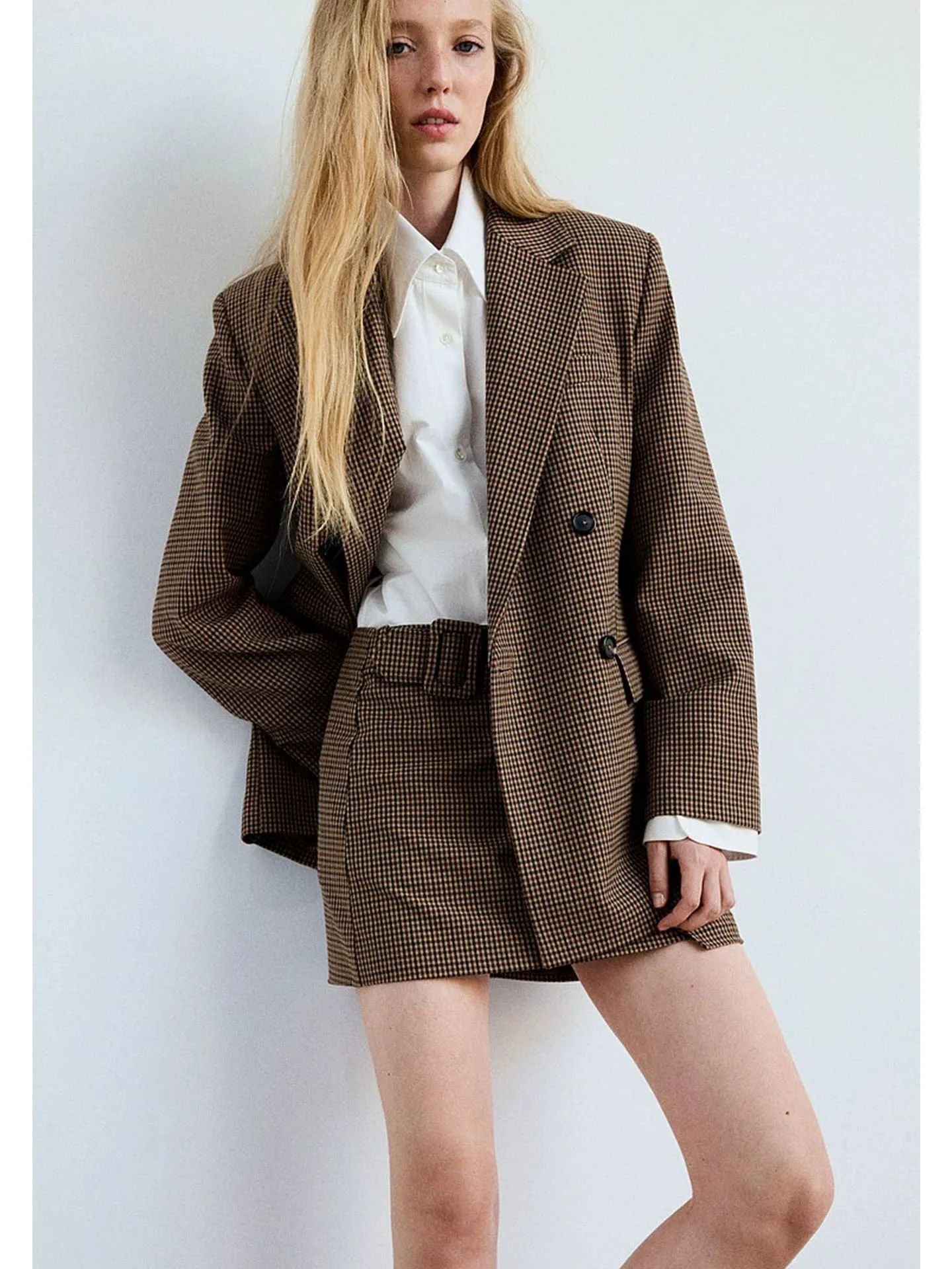 Women's Fashion Suit Set with Double-Breasted Jacket And Belted  Skirt Short Style Long Sleeve Turn-down Collar Coat