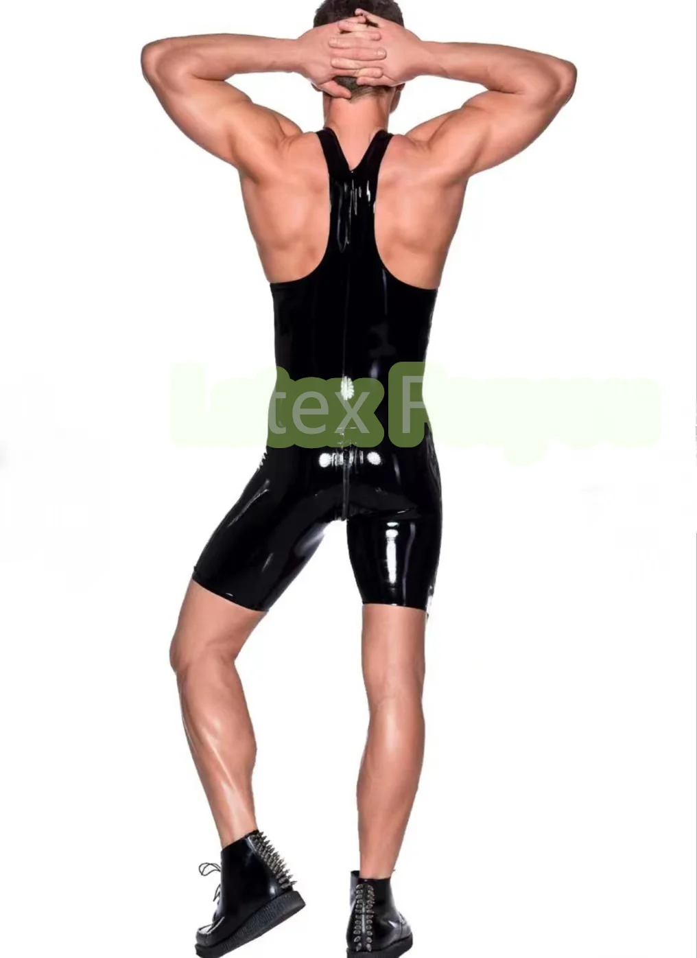 Men\'s fashion 100% Latex Rubber Leotard Natural Black Unique Short Jumpsuits Cool Rompers Customized with Crotch Zip